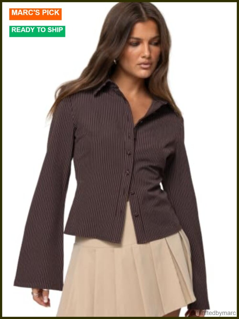 Pinstripe Button-Down Shirt Slim Fit Flared Sleeve Classic Collar